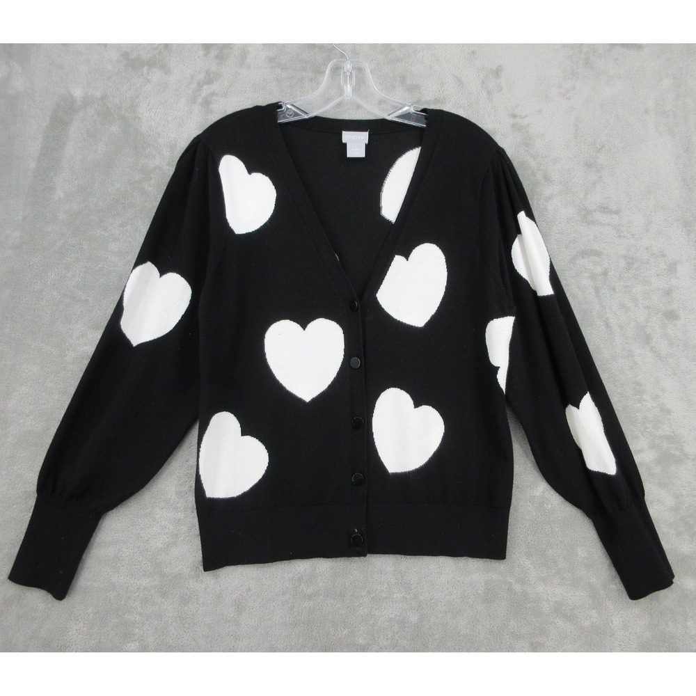 Chicos Sweater Womens 1 M Cardigan Heart Button Front Puff Sleeve Valentine Knit